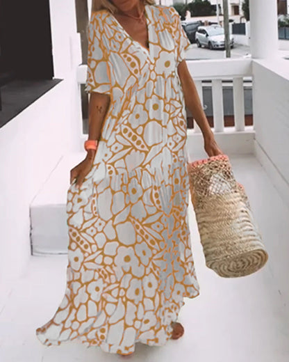 Long Printed V-Neck Dress – Genevieve – Yellow