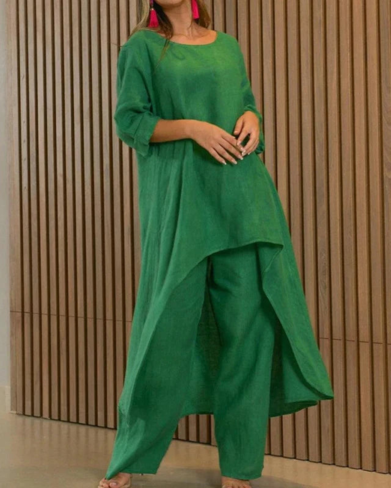 Women's Linen Longline Top and Relaxed Pants Set – Geovana – Green