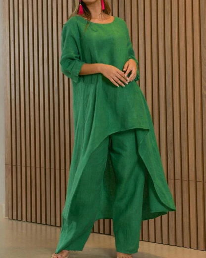 Women's Linen Longline Top and Relaxed Pants Set – Geovana – Green