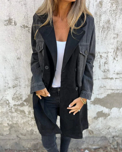 Women's Two-Tone Denim and Suede Overcoat – Marina – Black