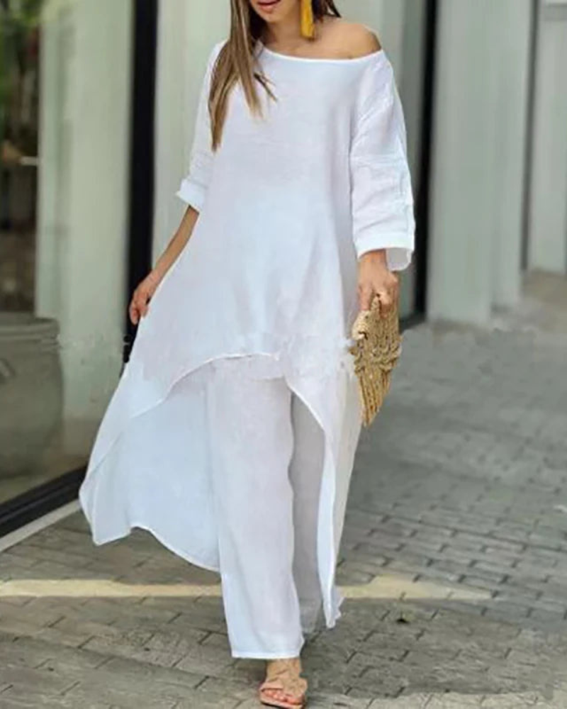 Women's Linen Longline Top and Relaxed Pants Set – Geovana – White