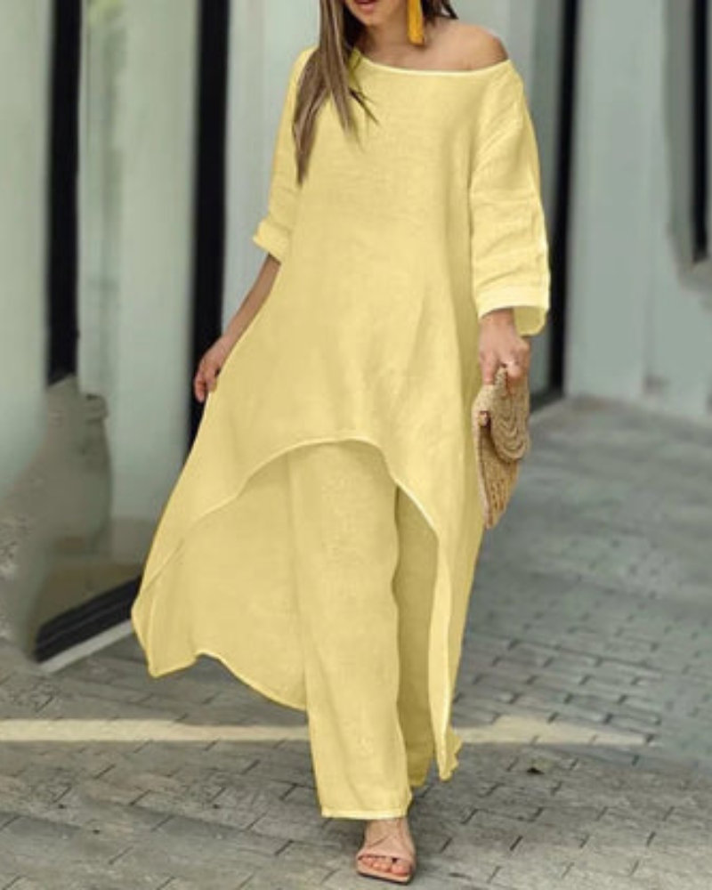 Women's Linen Longline Top and Relaxed Pants Set – Geovana – Yellow