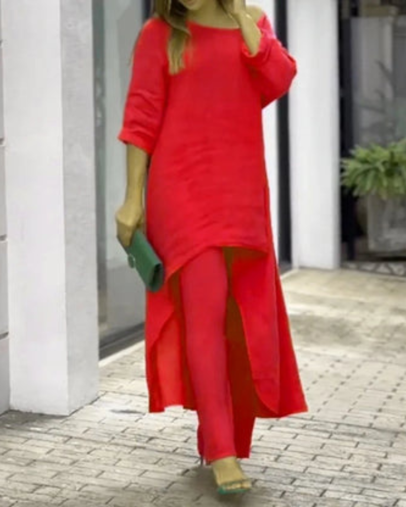 Women's Linen Longline Top and Relaxed Pants Set – Geovana – Red