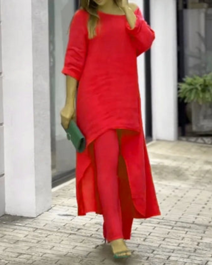 Women's Linen Longline Top and Relaxed Pants Set – Geovana – Red