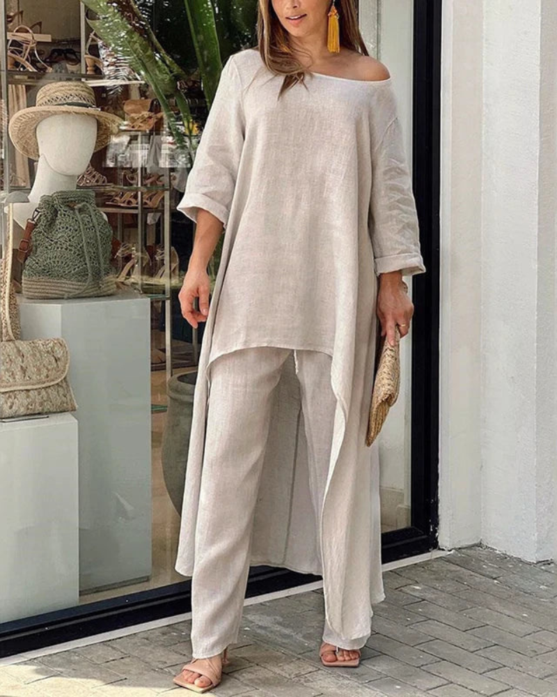 Women's Linen Longline Top and Relaxed Pants Set – Geovana – Khaki