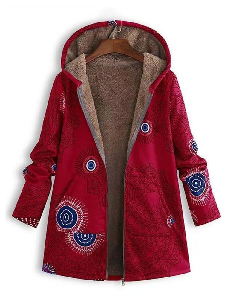 Women's Printed Parka with Fleece Lining and Hood – Zoe – Red
