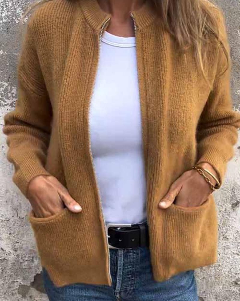 Women's Knit Cardigan with Pockets – Quelia – Brown