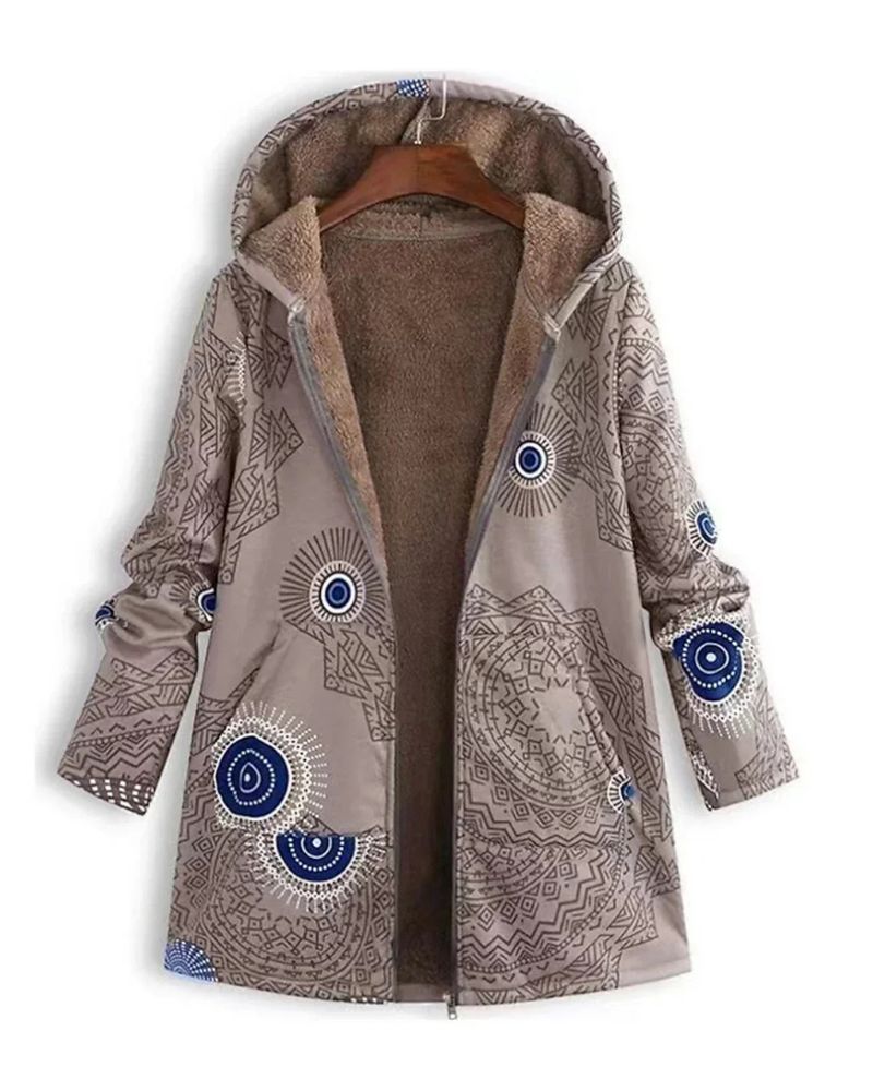 Women's Printed Parka with Fleece Lining and Hood – Zoe – Khaki