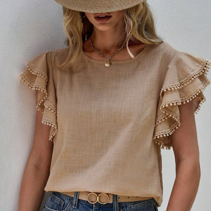 Women's Short-Sleeve Ruffle Shirt – Jolene – Apricot