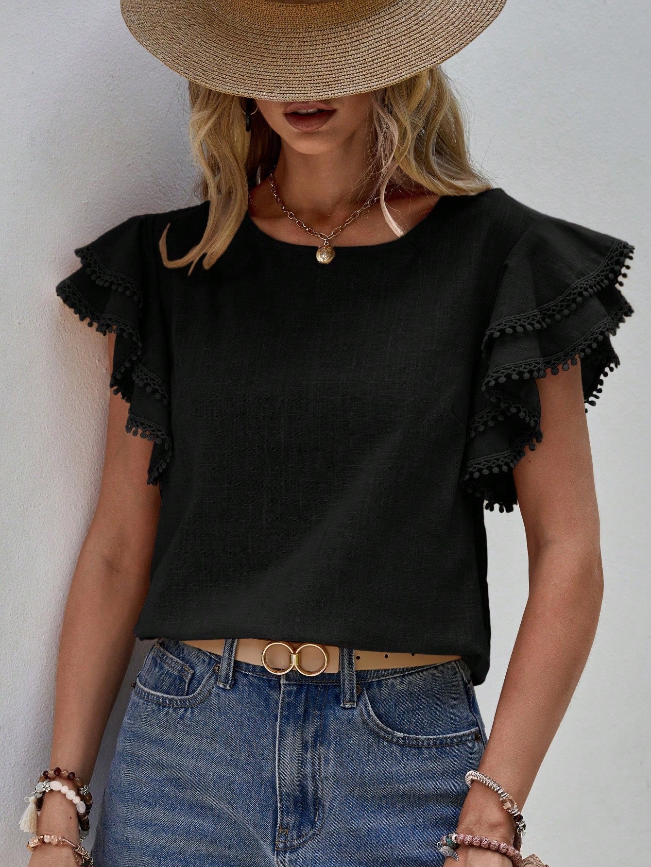 Women's Short-Sleeve Ruffle Shirt – Jolene – Black