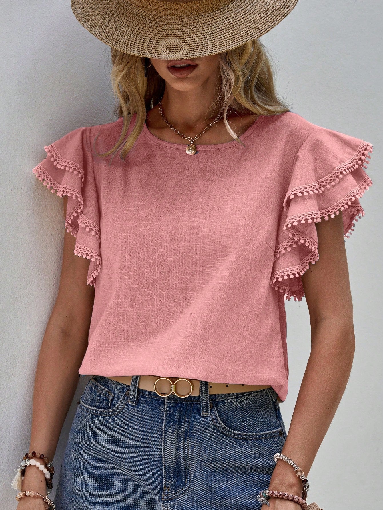 Women's Short-Sleeve Ruffle Shirt – Jolene – Bubblegum Pink