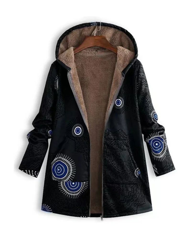 Women's Printed Parka with Fleece Lining and Hood – Zoe – Black