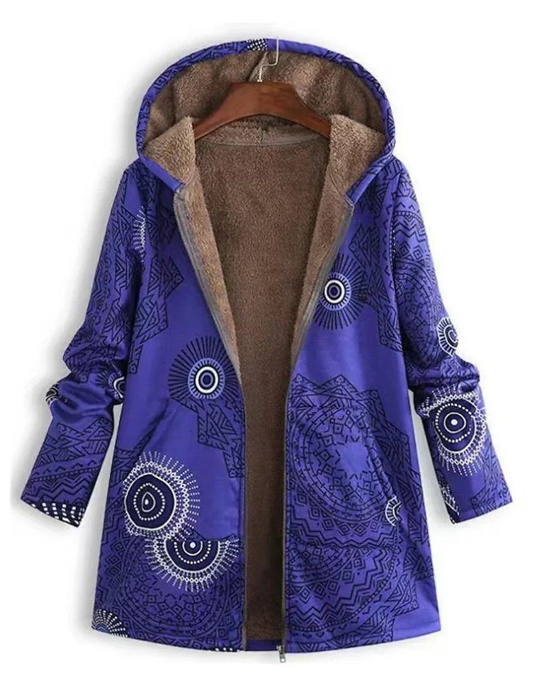 Women's Printed Parka with Fleece Lining and Hood – Zoe – Blue