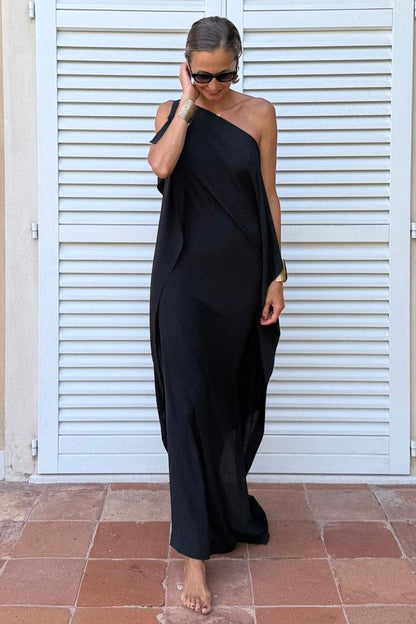 Lightweight Asymmetric Dress with Belt – Leia – Black