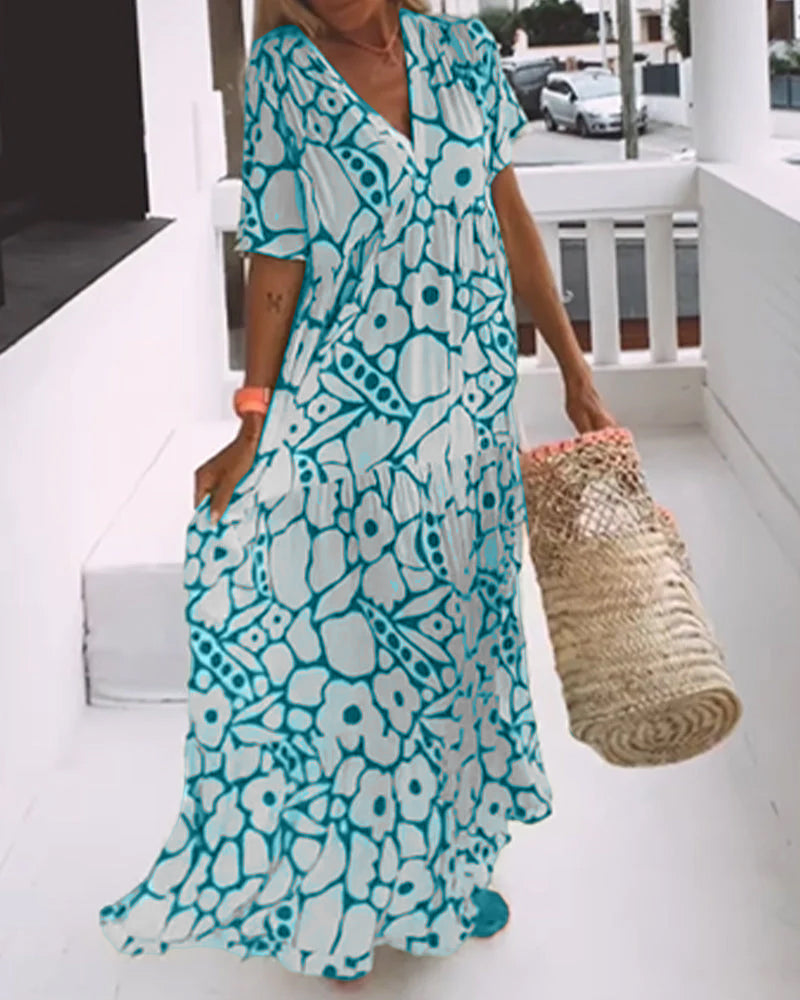 Long Printed V-Neck Dress – Genevieve – Blue