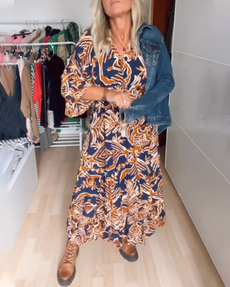 Long Printed V-Neck Dress – Emmeline – Orange