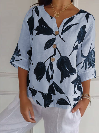 Women's Casual Printed Cotton-Linen Shirt – Kestrel – Blue