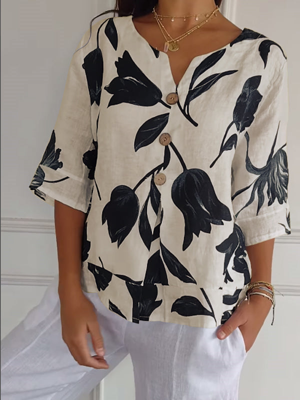 Women's Casual Printed Cotton-Linen Shirt – Kestrel – Apricot