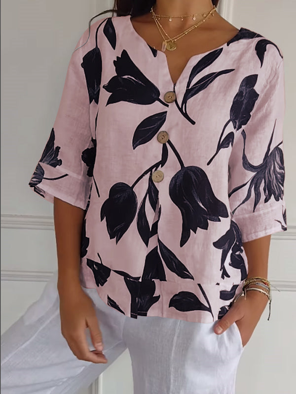 Women's Casual Printed Cotton-Linen Shirt – Kestrel – Pink