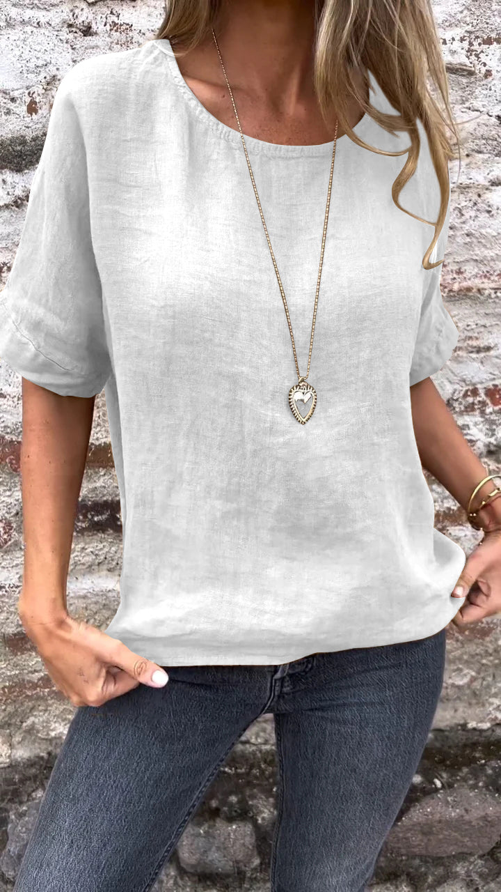 Solid Cotton-Linen Short-Sleeve Crewneck Blouse – Shiloh – White