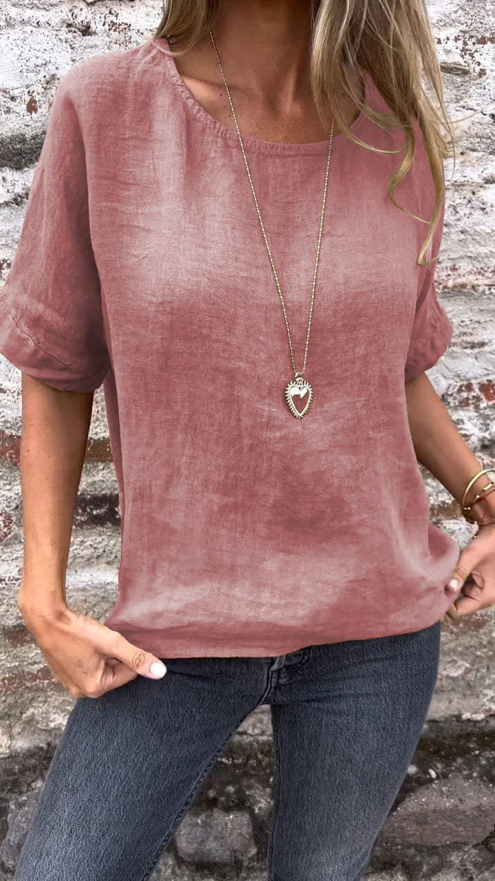 Solid Cotton-Linen Short-Sleeve Crewneck Blouse – Shiloh – Red