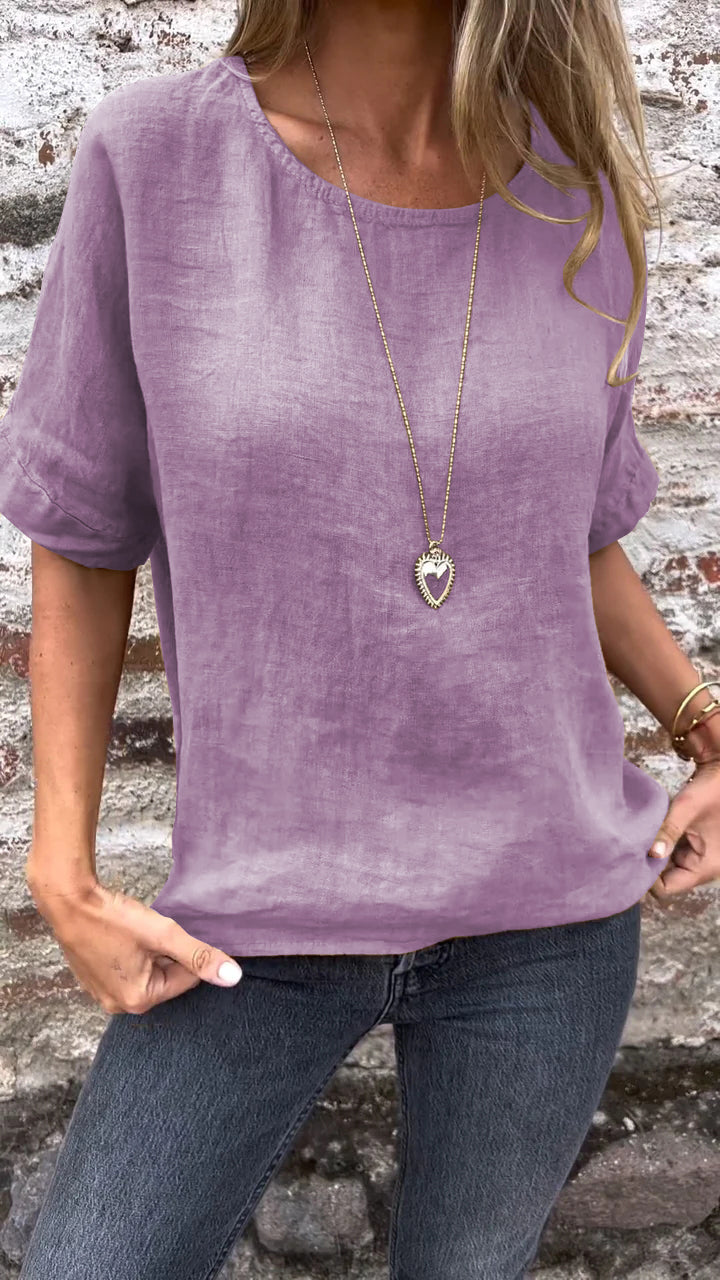 Solid Cotton-Linen Short-Sleeve Crewneck Blouse – Shiloh – Purple