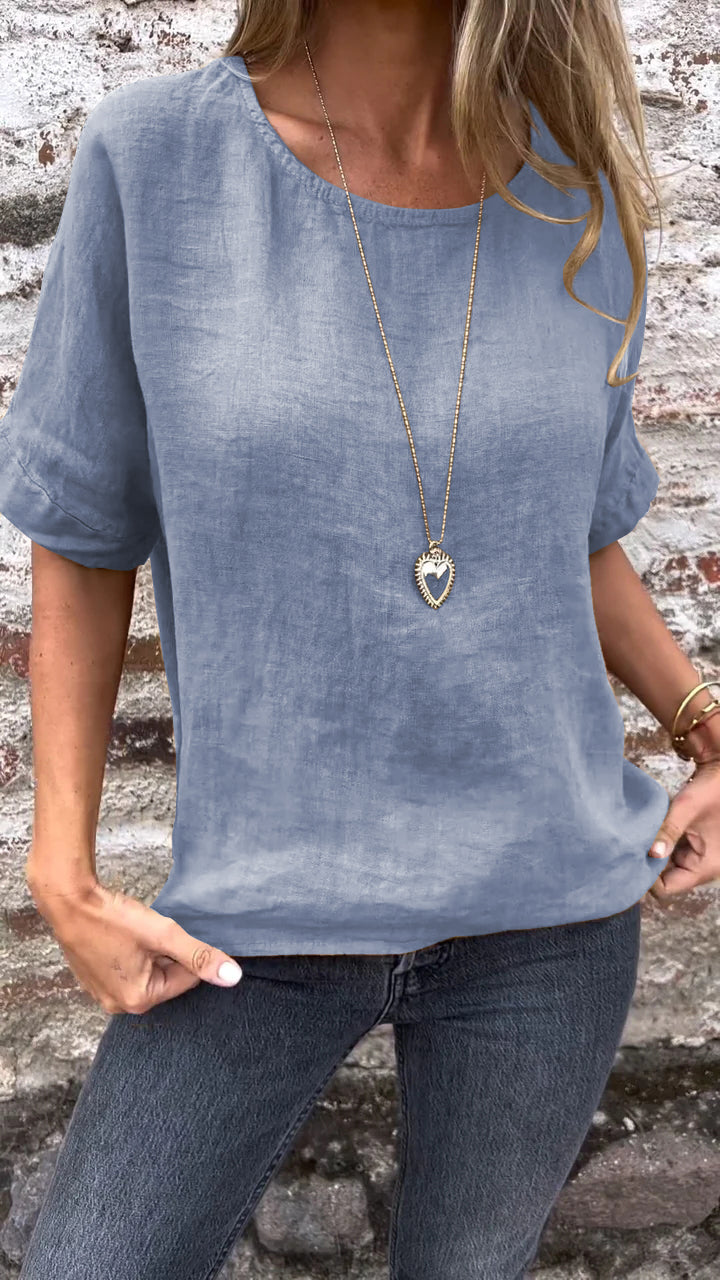 Solid Cotton-Linen Short-Sleeve Crewneck Blouse – Shiloh – Blue