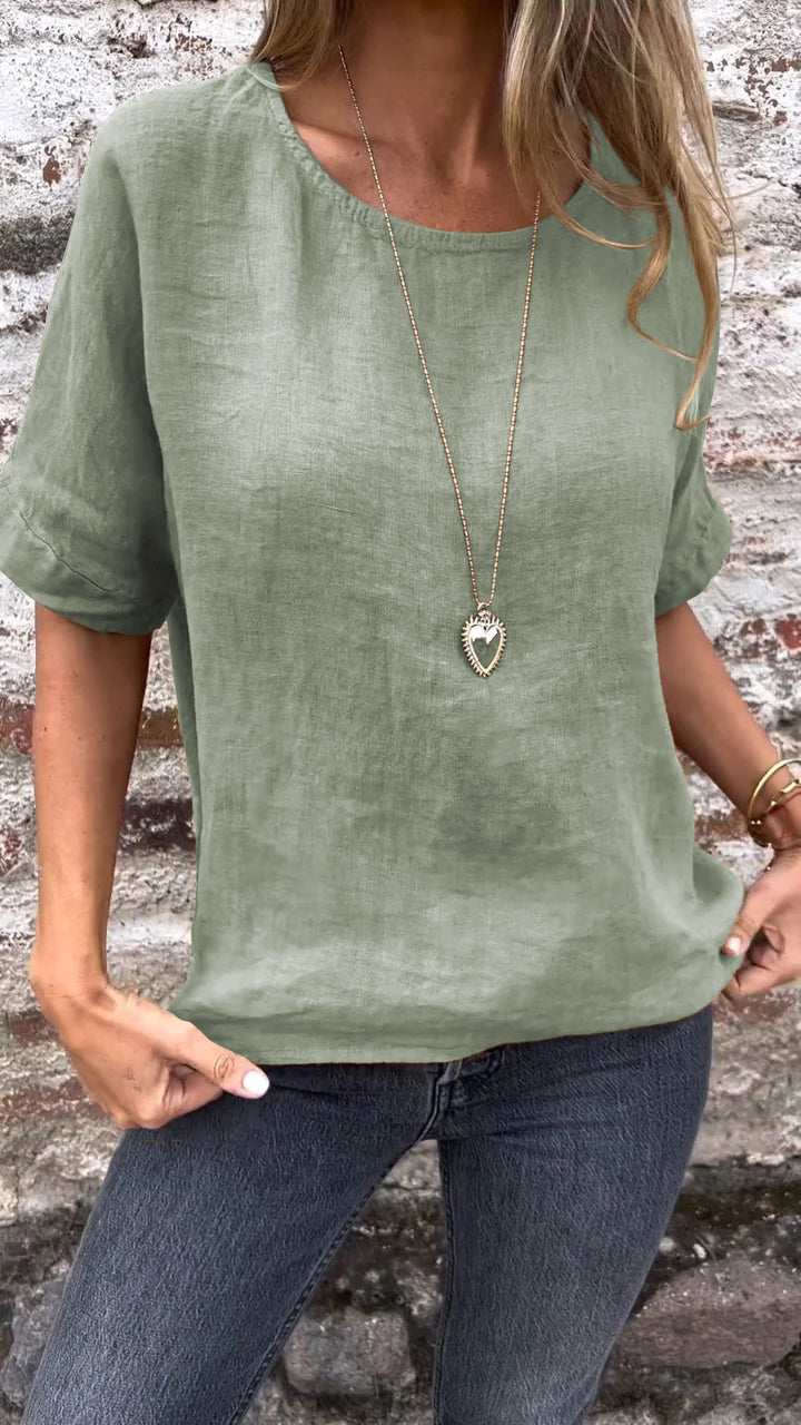 Solid Cotton-Linen Short-Sleeve Crewneck Blouse – Shiloh – Green