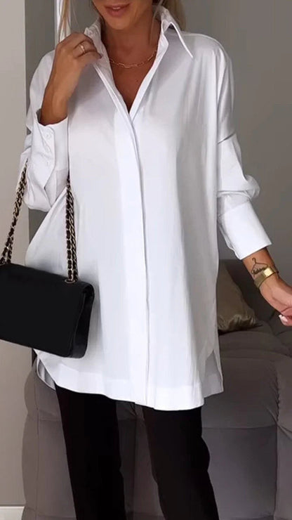 White Shirt with Slit and Lapel – Leona – White