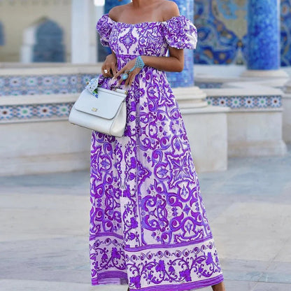 Women's Long Off-Shoulder Printed Dress – Logan – Purple