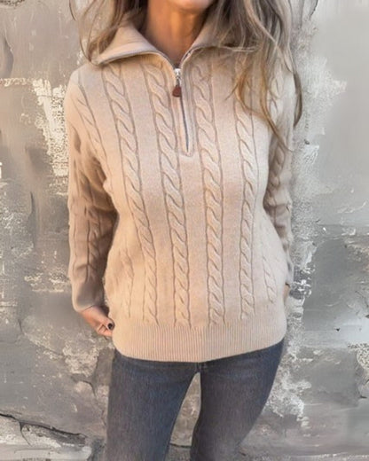 Women's Cable-Knit Turtleneck Sweater with Front Zip – Ivana – Beige