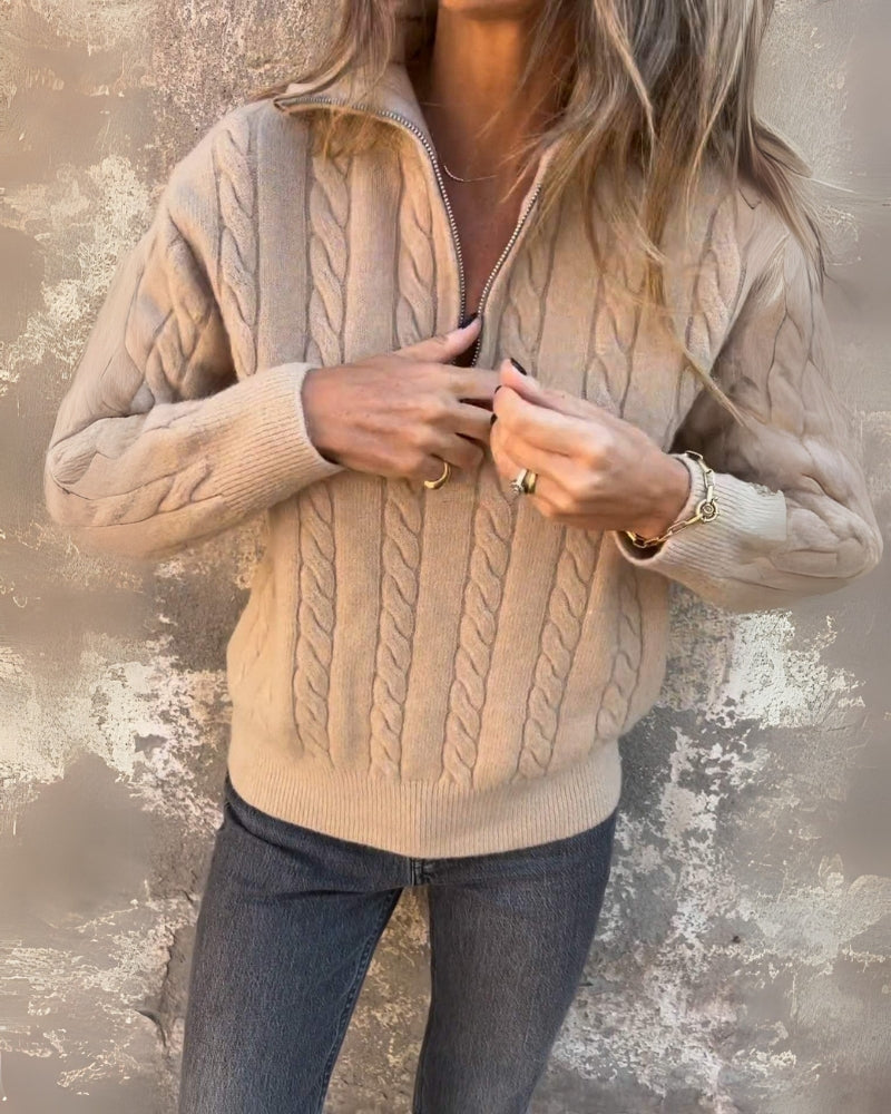 Women's Cable-Knit Turtleneck Sweater with Front Zip – Ivana – view 2