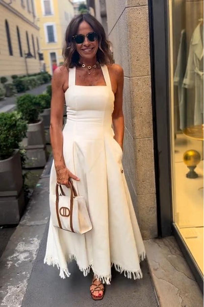 Women's White Boho Maxi Dress with Fringe and Pockets – Margaux – view 2