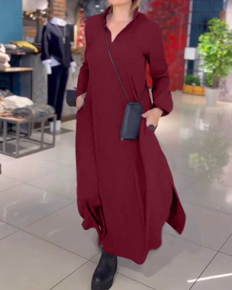 Long Relaxed Dress with Lapel and Side Slit – Ilaria – Burgundy