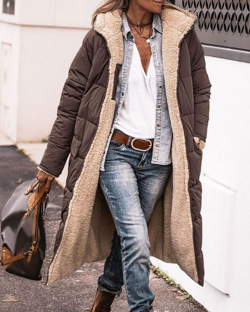Women's Long Fleece-Lined Coat with High Collar – Anne – Brown