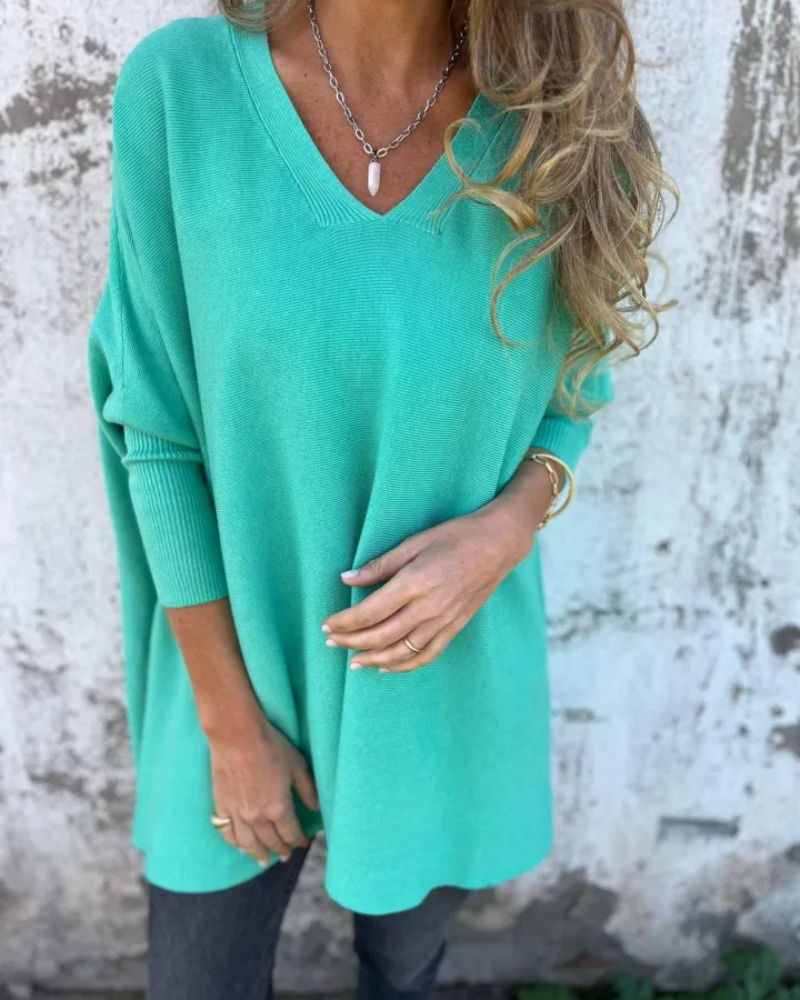 Women's Oversized V-Neck Lightweight Knit Blouse – Julia – Cyan