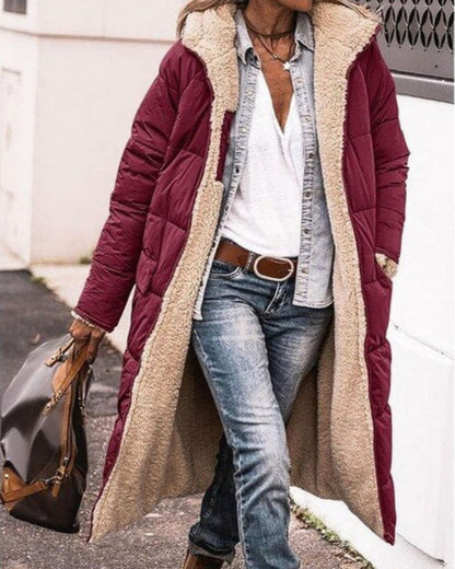 Women's Long Fleece-Lined Coat with High Collar – Anne – Red