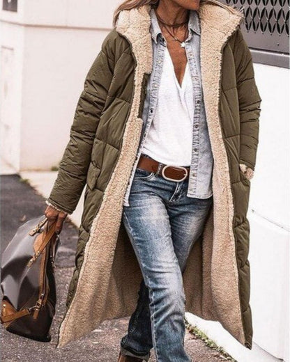 Women's Long Fleece-Lined Coat with High Collar – Anne – Military Green