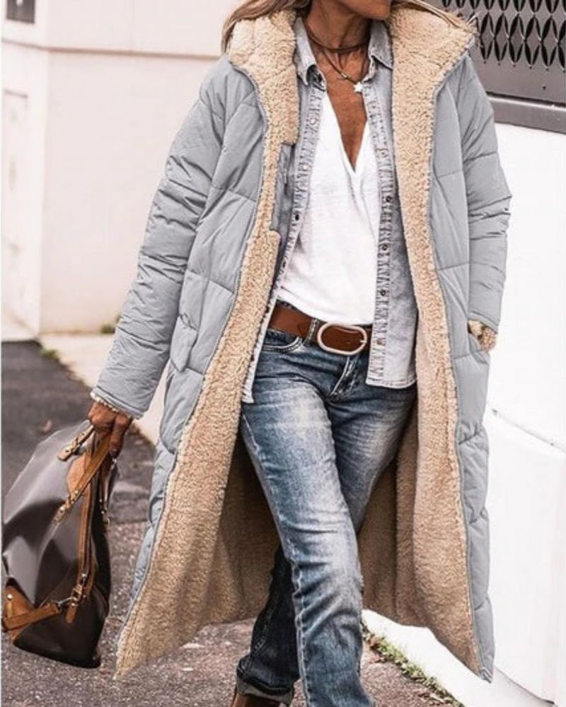 Women's Long Fleece-Lined Coat with High Collar – Anne – Gray