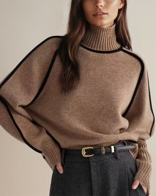 Women's Turtleneck Sweater with Contrast Panel – Clara – Brown