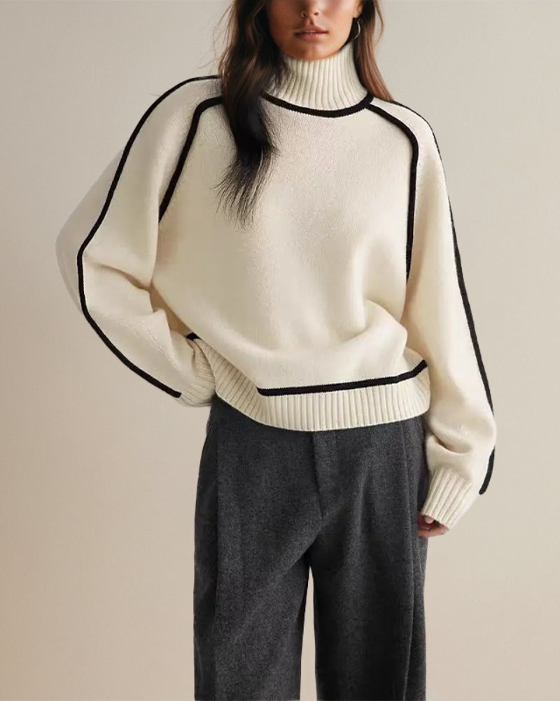 Women's Turtleneck Sweater with Contrast Panel – Clara – White