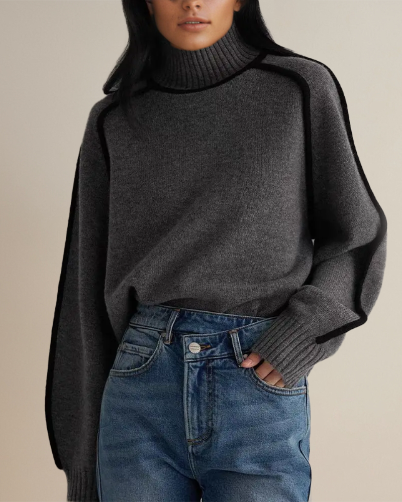 Women's Turtleneck Sweater with Contrast Panel – Clara – Gray