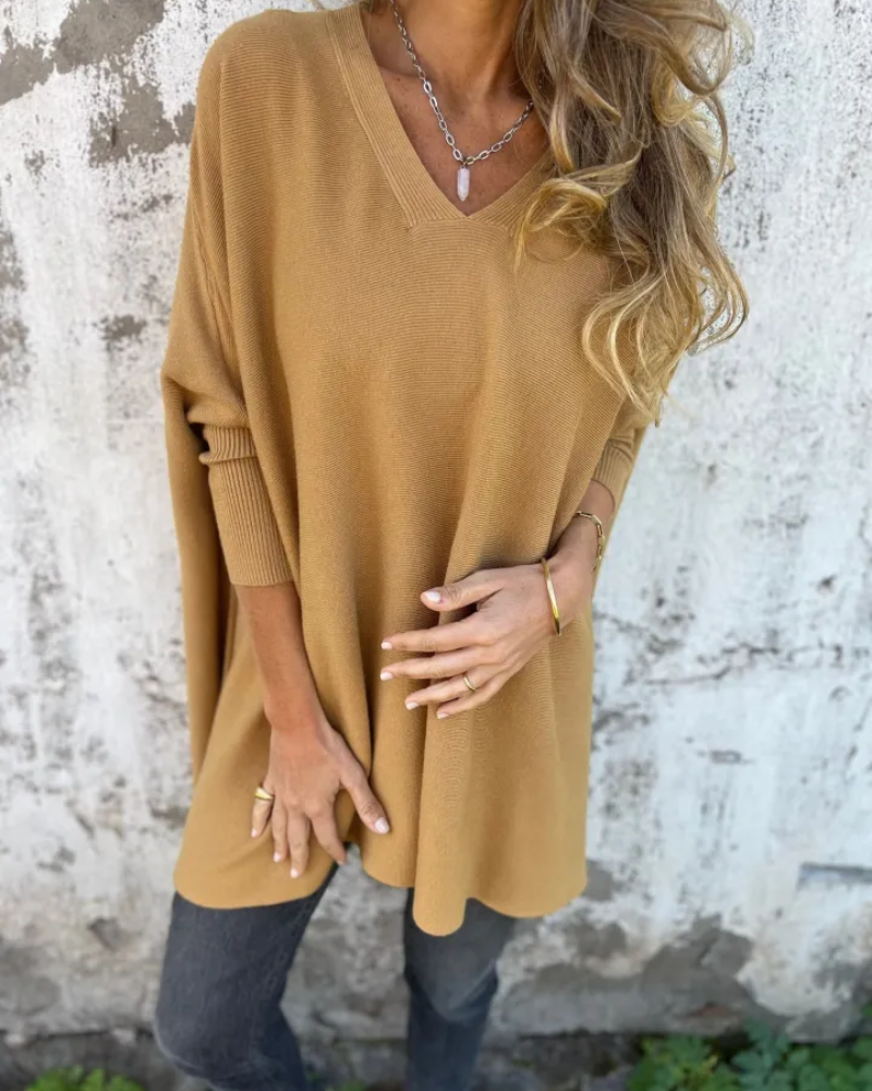 Women's Oversized V-Neck Lightweight Knit Blouse – Julia – Caramel