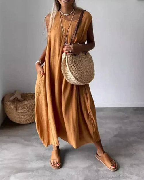 Women's Sleeveless Boho Midi Dress – Lucienne – Khaki