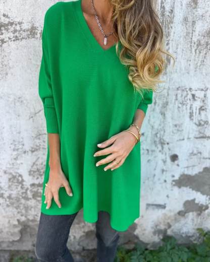 Women's Oversized V-Neck Lightweight Knit Blouse – Julia – Green