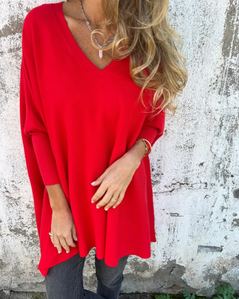 Women's Oversized V-Neck Lightweight Knit Blouse – Julia – Red