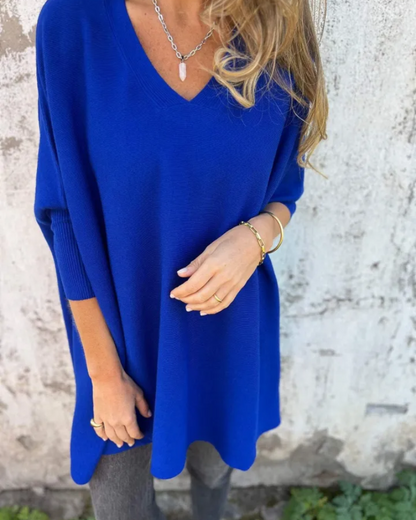Women's Oversized V-Neck Lightweight Knit Blouse – Julia – Blue