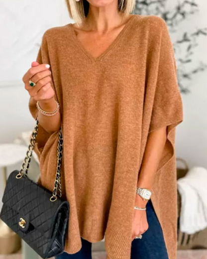 Women's Solid V-Neck Relaxed Poncho – Rafaela – Caramel