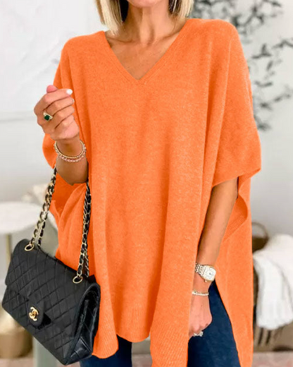 Women's Solid V-Neck Relaxed Poncho – Rafaela – Orange