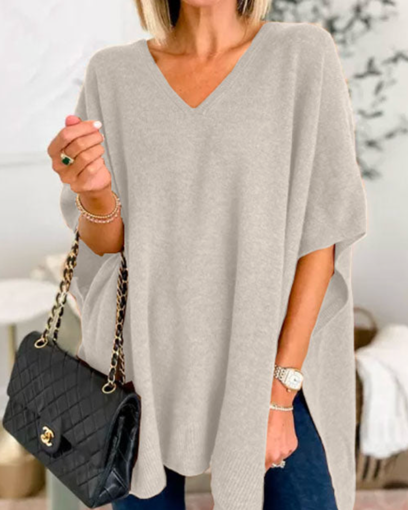 Women's Solid V-Neck Relaxed Poncho – Rafaela – Light Gray